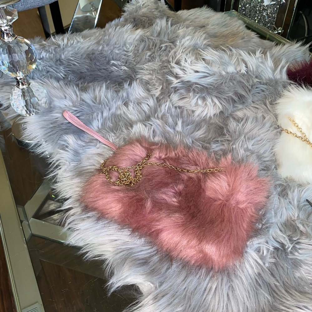 Pink/ purple Faux Fur Zipper Clutch with Gold chain